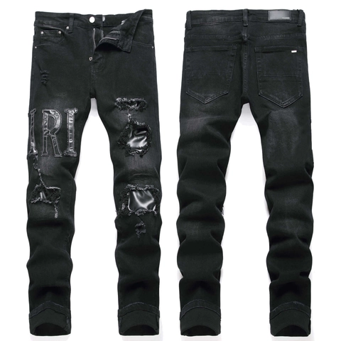 Pantalones Vaqueros Negros Desgastados para Hombre Algodón Elástico Ajustado Estilo Lápiz Con Bordado de Letras IRI Streetwear
