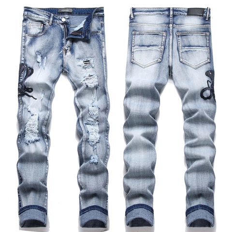 Herren Skinny Jeans Baumwolle Blau Kobra Bestickt Zerrissen Gewaschen Streetwear Denim Hose Lässig Pants Für Männer