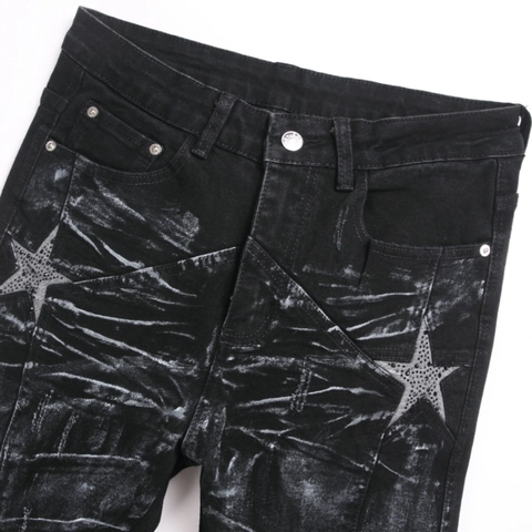 Vaqueros Acampanados High Street Para Hombre Pantalones Denim Negro Lavado Patchwork Estrella Strass Slim Fit Streetwear