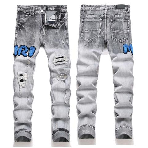 Ανδρικό Τζιν High Street Γκρι Σκισμένο Denim Στενή Εφαρμογή Κέντημα Patchwork Μείγμα Βαμβακιού Κομψό Παντελόνι Casual