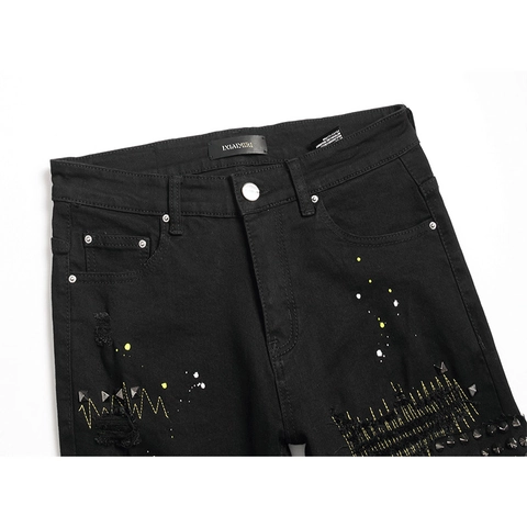 Herren Streetwear Distressed Ripped Skinny Jeans Schwarze Denim Hose Metallnieten Farbspritzer Stickerei Slim Fit Casual Hose