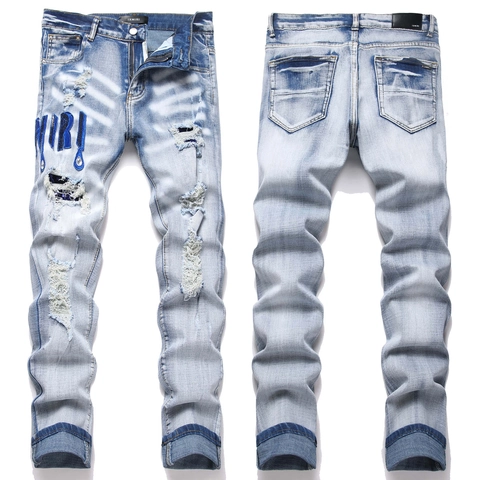 Herren High Street Skinny Jeans Blau Gewaschen Distressed Zerrissene Denim Hose Mit Stickerei Abzeichen Buchstaben Slim Fit