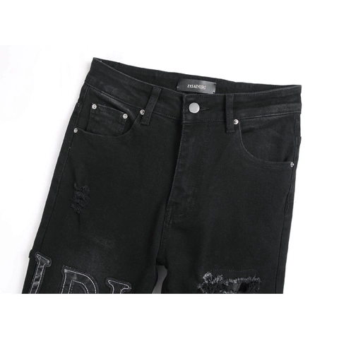 Pantalones Vaqueros Negros Desgastados para Hombre Algodón Elástico Ajustado Estilo Lápiz Con Bordado de Letras IRI Streetwear