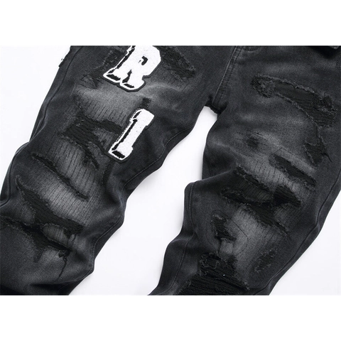 Vaqueros Ajustados de Denim Rotos Streetwear para Hombre Con Parches Bordados de Letras Pantaloni Skinny Negros Lavados