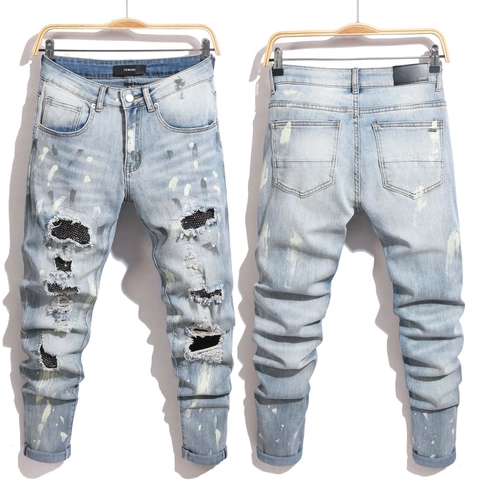 Pantaloni Jeans da Uomo High Street Distrutto Strappati Con Patch in Strass Blu Chiaro Denim Skinny Slim Fit