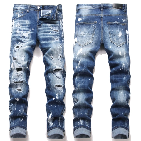 Pantaloni da Uomo High Street Jeans Denim Slim Fit Strappati Con Ricami Schizzi di Vernice Patch Streetwear Blu Cotone