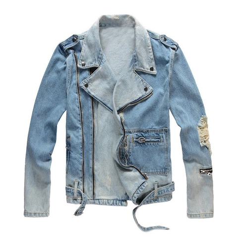 Chaqueta Vaquera Distorsionada Vintage Americana para Hombre Lavado Intenso Estilo Motocicleta Corte Ajustado Manga Larga Abrigo de Algodón Azul Claro Outwear