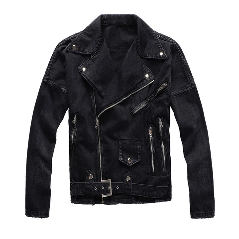 Giacca da Moto in Denim di Cotone Nero Lavato da Uomo Punk Slim Fit Cerniera Diagonale Giacca Corta Streetwear