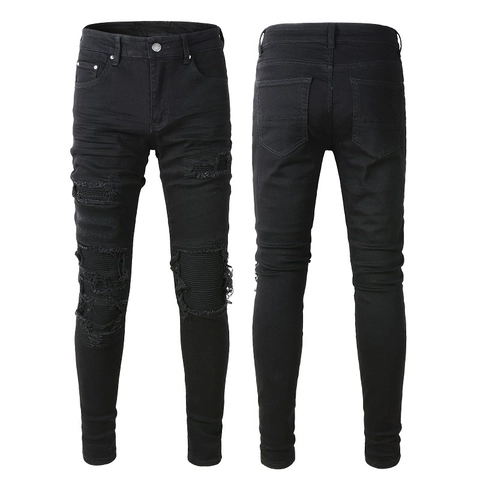 Men's Streetwear Slim Fit Stretchy Jeans Black Biker Moto Style Ripped Patchwork Cotton Blend Denim Pants For Men