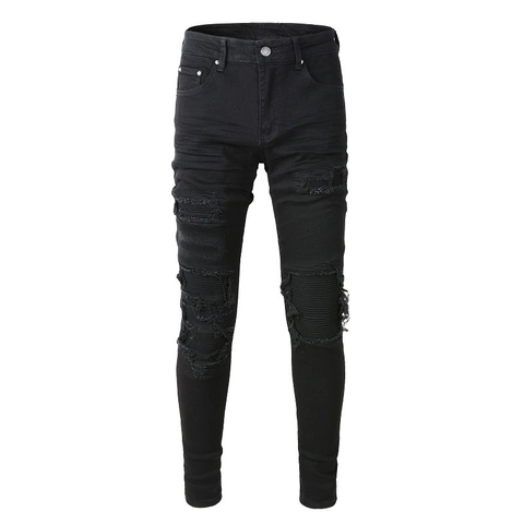 Men's Streetwear Slim Fit Stretchy Jeans Black Biker Moto Style Ripped Patchwork Cotton Blend Denim Pants For Men