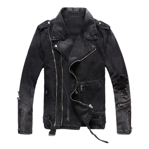 Chaqueta Biker de Mezclilla Lavada para Hombre Rota Algodón Punk Streetwear Corte Ajustado Manga Larga Para Casual Diario