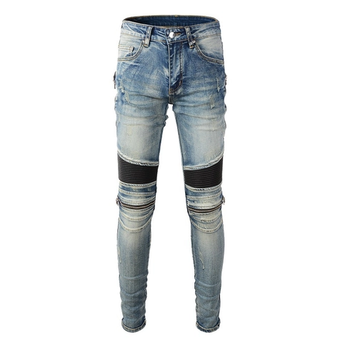 Jeans Motard pour Hommes Denim Délavé Bleu Clair Spliced Ripped Coupe Slim Pantalons Fuselés Fermetures Éclair Métal Streetwear Punk