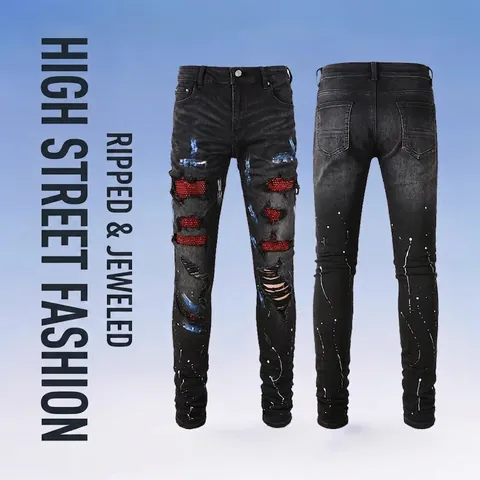Herren High Street Slim Fit Jeans Strass Zerfetzt Ripped Patchwork Farbspritzer Denim Hose Lässige Streetwear Schwarze Hose