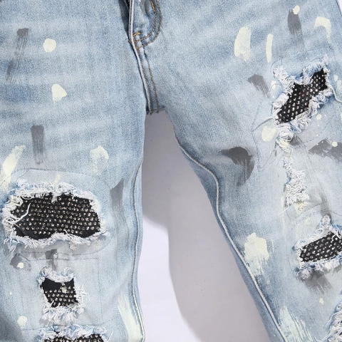 Pantaloni Jeans da Uomo High Street Distrutto Strappati Con Patch in Strass Blu Chiaro Denim Skinny Slim Fit
