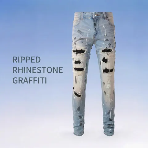 Herren High Street Slim Fit Zerschlissene Jeans Hellblau Gewaschene Denim Hose Mit Strass Und Tintenspritzer Graffiti Für Herren