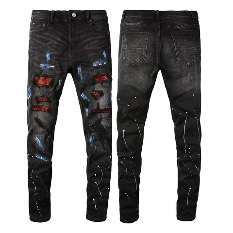 Jeans Strappati da Uomo Slim Fit American High Street Denim Distressed Con Strass e Decorazione a Schizzi di Vernice