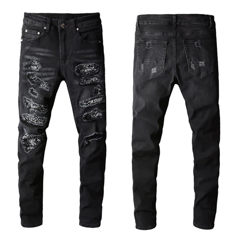 Pantaloni Jeans Neri Strappati High Street da Uomo Con Toppe Paisley Ricamo a Croce Slim Fit Distressed Denim Streetwear