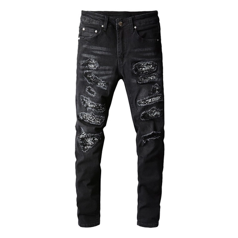 Pantaloni Jeans Neri Strappati High Street da Uomo Con Toppe Paisley Ricamo a Croce Slim Fit Distressed Denim Streetwear