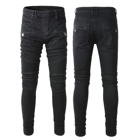 Jean Biker pour Homme Coupe Ajustée Noir Denim Extensible Avec Plis aux Genoux Pantalon Moto à la Mode pour Hommes