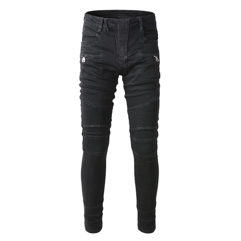 Jean Biker pour Homme Coupe Ajustée Noir Denim Extensible Avec Plis aux Genoux Pantalon Moto à la Mode pour Hommes