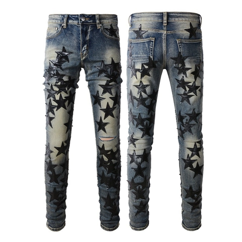 Jean Slim pour Homme Style Américain Avec Patchs Étoiles en Cuir Noir Pantalon Fuselé Streetwear Délavé Usé