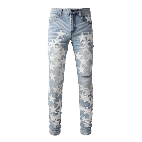 Jeans Coupe Ajustée pour Hommes Coton Patch Étoile Blanche Denim Déchiré Délavé Bleu Clair Pantalon Fuselé High Street