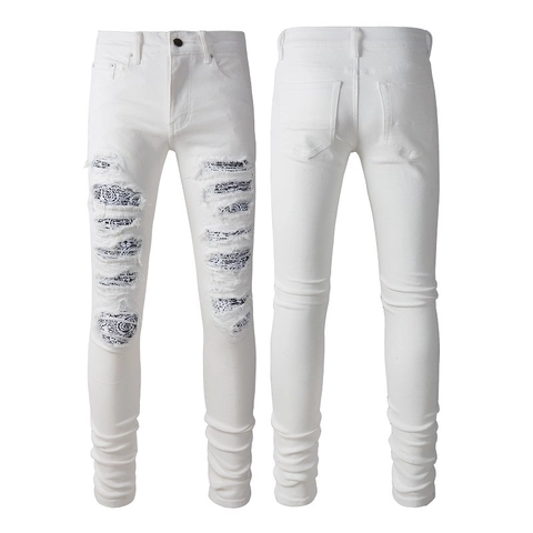 Herren High Street Slim Fit Weiße Ripped Jeans Mit Paisley Bandana Patches Distressed Baumwollmischung Denim Hose