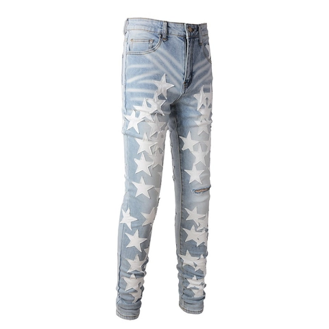Jeans Coupe Ajustée pour Hommes Coton Patch Étoile Blanche Denim Déchiré Délavé Bleu Clair Pantalon Fuselé High Street
