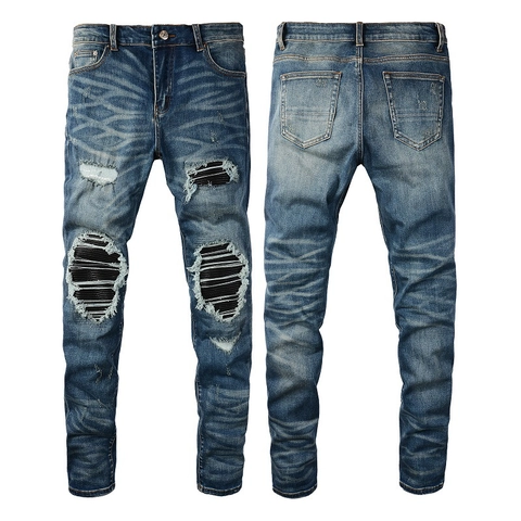Men Slim Fit Distressed Denim Jeans High Street Ripped Patched Washed Blue Denim Pants Fashion Streetwear Hip Hop Male Bottoms