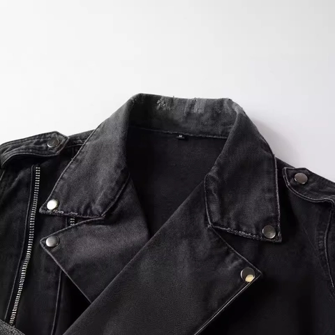 Chaqueta Biker de Mezclilla Lavada para Hombre Rota Algodón Punk Streetwear Corte Ajustado Manga Larga Para Casual Diario