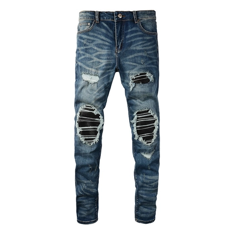 Men Slim Fit Distressed Denim Jeans High Street Ripped Patched Washed Blue Denim Pants Fashion Streetwear Hip Hop Male Bottoms
