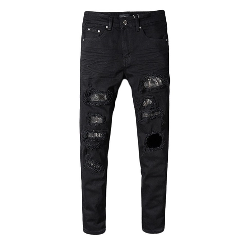 Herren Skinny Distressed Jeans Schwarz Strass Zerrissener Denim High Street Punk Stil Lange Hosen Für Männer Streetwear