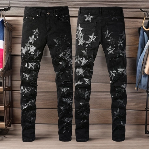Men Streetwear Black Denim Jeans With Leather Star Patches Punk Distressed Ripped Slim Fit Trousers High Street Men Bottoms