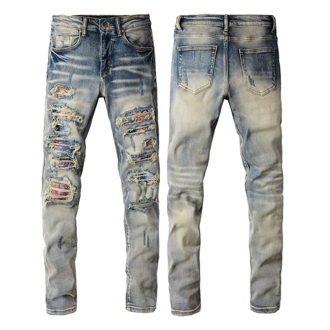 Men's High Street Distressed Slim Fit Jeans With Colorful Patchwork Light Blue Washed Stretch Denim Tapered Pencil Pants