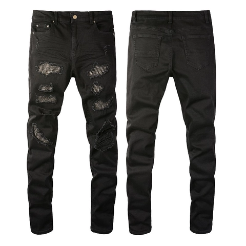 Herren Ripped Jeans Strass Metallnetz Inlay Distressed Slim Fit Denim Hose Streetwear Schwarz Casual Herrenhosen