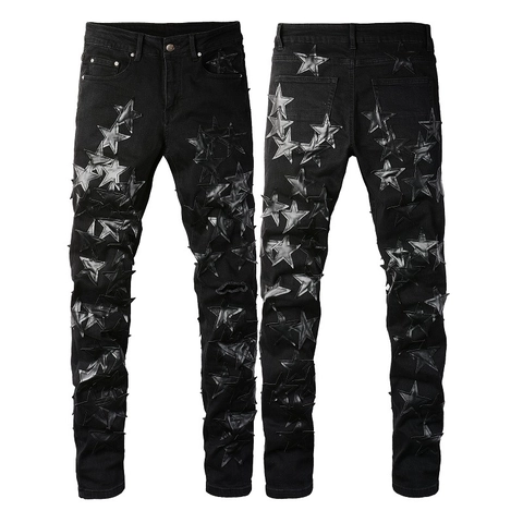 Men Streetwear Black Denim Jeans With Leather Star Patches Punk Distressed Ripped Slim Fit Trousers High Street Men Bottoms
