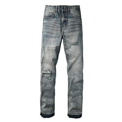 Pantaloni Jeans da Uomo a Gamba Dritta in Denim di Cotone Lavato Blu Chiaro Distrutto High Street Casual Streetwear