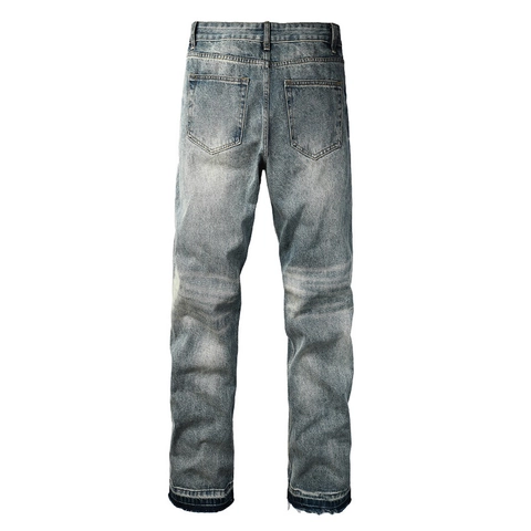 Pantaloni Jeans da Uomo a Gamba Dritta in Denim di Cotone Lavato Blu Chiaro Distrutto High Street Casual Streetwear