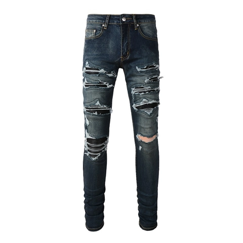 Men Slim Fit Ripped Denim Jeans Biker Style High Street Casual Pants With PU Patches Distressed Wash Solid Color Men Jeans