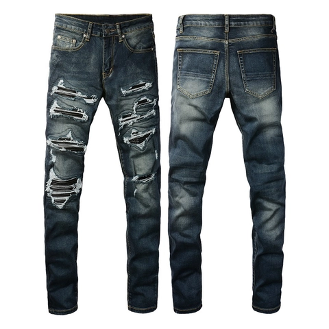 Herren Distressed Slim Fit Jeans Vintage Washed Denim Hose Mit Plissee Patches Biker Style Streetwear Trousers Für Alltag