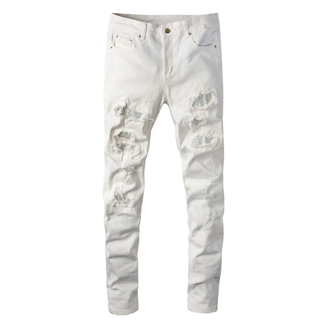 Ανδρικό High Street Λευκό Τζιν Με Σκισίματα Stretch Slim Fit Τζιν Παντελόνι Με Στρας Patchwork Ίσιο Μπατζάκι