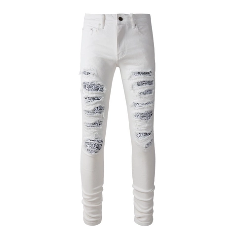 Herren High Street Slim Fit Weiße Ripped Jeans Mit Paisley Bandana Patches Distressed Baumwollmischung Denim Hose