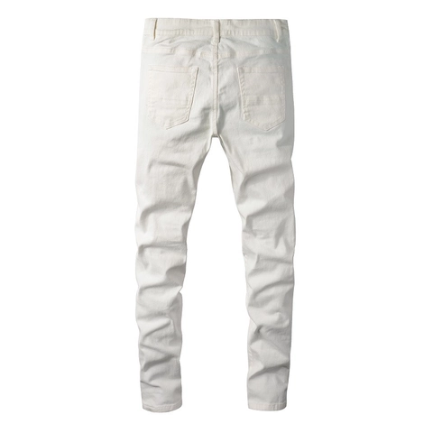Ανδρικό High Street Λευκό Τζιν Με Σκισίματα Stretch Slim Fit Τζιν Παντελόνι Με Στρας Patchwork Ίσιο Μπατζάκι