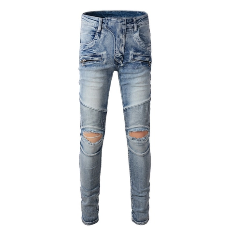 Jeans Moto pour Hommes Denim Extensible Ajusté Déchiré Avec Poches à Fermeture Éclair Et Détails Plissés Bleu Clair