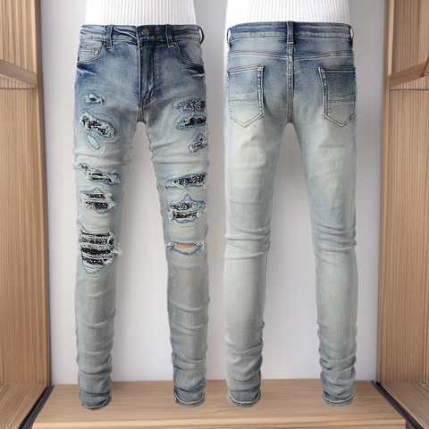 Ανδρικά High Street Distressed Jeans Γαλάζιο Πλυμένο Βαμβακερό Τζιν Παντελόνι Bandana Paisley Patchwork Slim Fit