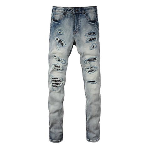 Ανδρικά High Street Distressed Jeans Γαλάζιο Πλυμένο Βαμβακερό Τζιν Παντελόνι Bandana Paisley Patchwork Slim Fit