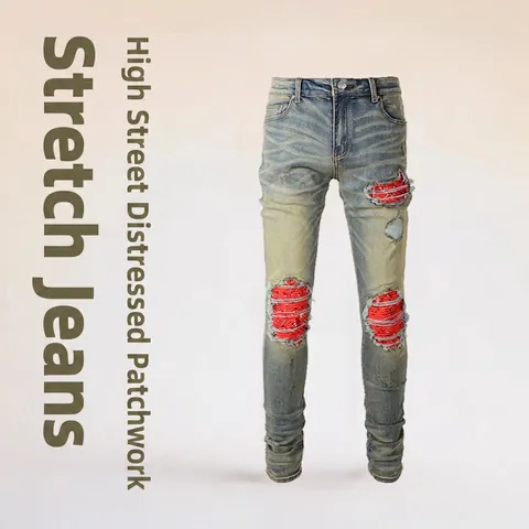 Heren Ripped Jeans Streetwear Rood Bandana Paisley Patchwork Distressed Denim Slim Fit Tapered Pants Retro Wash Denim Broek