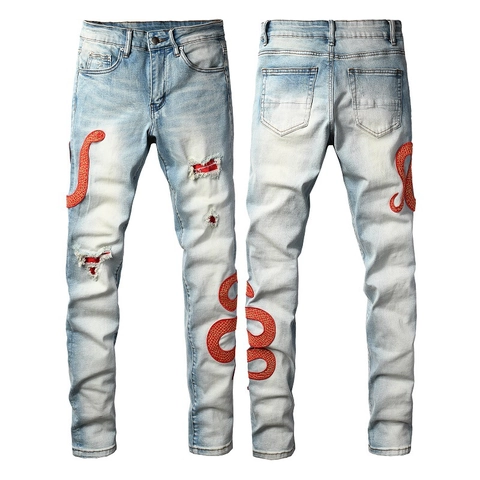 Herren High Street Distressed Jeans Vintage Washed Denim Hose Mit Roter Schlangenstickerei Ripped Slim Fit Hip Hop Hose