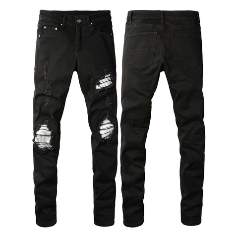 Jeans Déchirés Slim Fit High Street pour Hommes Streetwear Pantalon en Denim Usé Avec Patchwork Argent pour Homme Adulte