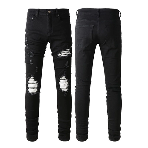 Herren Schwarz Zerrissen Jeans Slim Fit Distressed Patch Denim Hose Streetwear Rock Stil Baumwolle Hose Für Herren